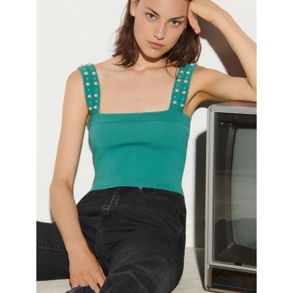 Sandro Omel Jade Green Pearl Embellished Ponte Knit Cropped Top US SZ Large (4)